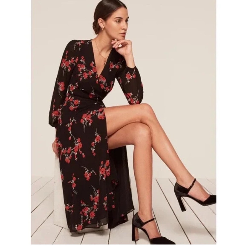 Reformation Womens Nicole Wrap Floral Midi Dress Long Sleeve Size L Boho Cottage - Picture 2 of 10